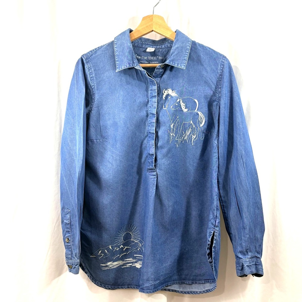 Coldwater Creek Chambray Shirt -Tencel Embroidered Horses‎ Mountains Sun-Size XS